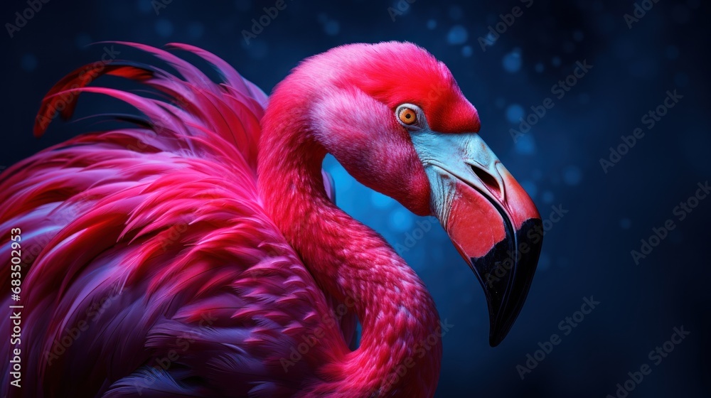 Fototapeta premium a close up of a pink flamingo with a blue back ground and a black back ground and a blue back ground.