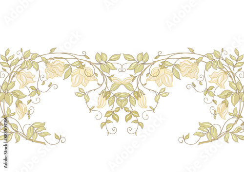 Fantasy flowers, decorative flowers and leaves in art nouveau style, vintage, old, retro style. Seamless pattern, background. Vector illustration. Outline hand drawing vector illustration.