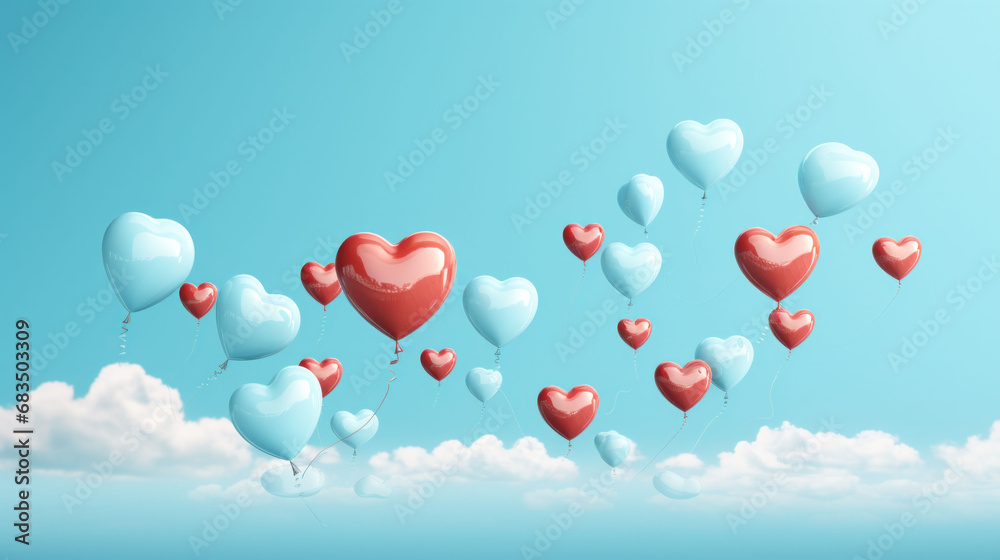 An array of balloons in heart shapes drift among the clouds, echoing the tunes of a Valentine's Day Music Playlist. It's a dance of romance in the sky.