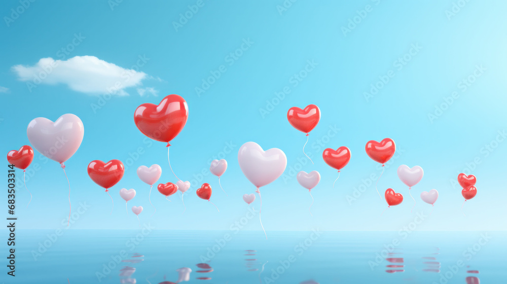 Floating heart balloons over calm waters reflect the serenity of a Valentine's Day Music Playlist. A tranquil celebration of love and reflection.