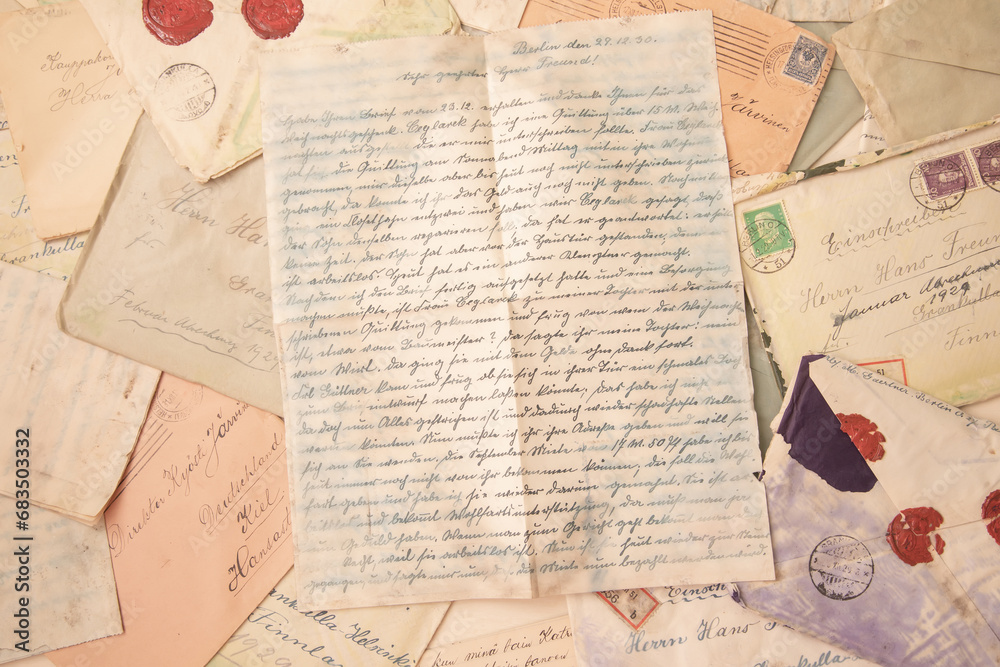 Old envelopes and letters, vintage background. All letters are dated between 1917-1929