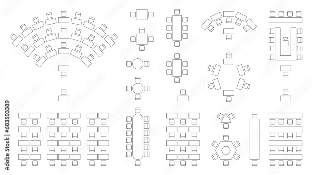 Wedding seating plan. Conference banquet and seminar classroom interior, conference hall and seminar room interior design. Vector top view of arrangement of banquet furniture seats illustration - obrazy, fototapety, plakaty 