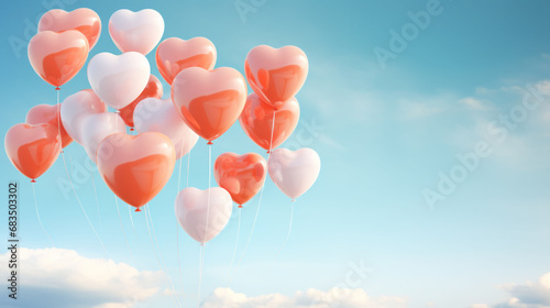 Heart-shaped balloons float towards the sky, a cheerful visual for a Valentine's Day Music Playlist. Captures the lightness and joy of love in the air.