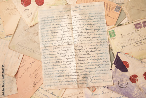 Old envelopes and letters, vintage background. All letters are dated between 1917-1929 photo