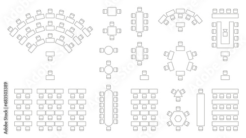Wedding seating plan. Conference banquet and seminar classroom interior, conference hall and seminar room interior design. Vector top view of arrangement of banquet furniture seats illustration