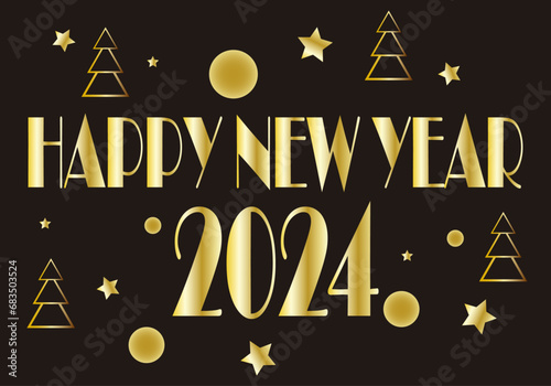 Feliz Año Nuevo 2024 en texto dorado y guirlnaldas, estrellas y árbol de Navidad dorados sobre fondo negro. Felicitación navideña