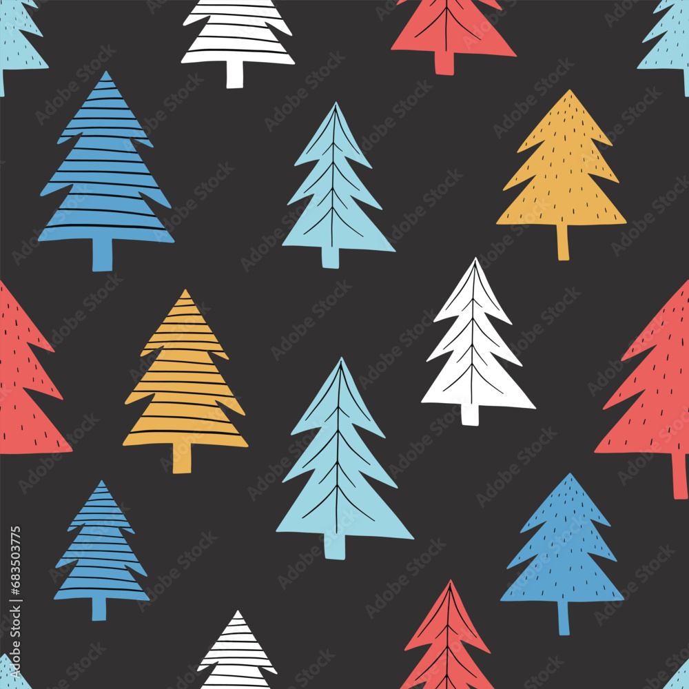 Obraz premium Winter seamless hand drawn pattern with colorful Christmas trees. Scandinavian design style. Vector illustration