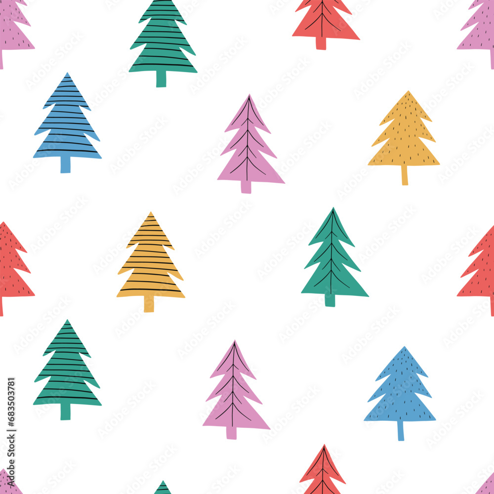 Obraz premium Winter seamless hand drawn pattern with colorful Christmas trees. Scandinavian design style. Vector illustration