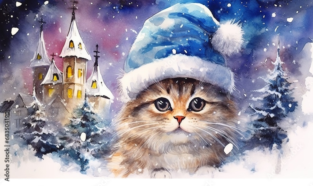 ultra HD detailed watercolor painting cute cat in santa hat
