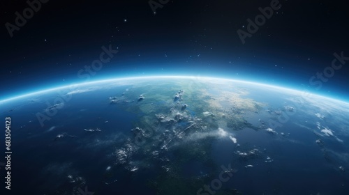  a view of the earth from space with the sun shining on the horizon and clouds in the foreground and stars in the background.