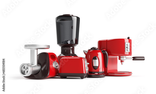 3D render cartoon icon of red home kitchen appliances set isolated on a white background