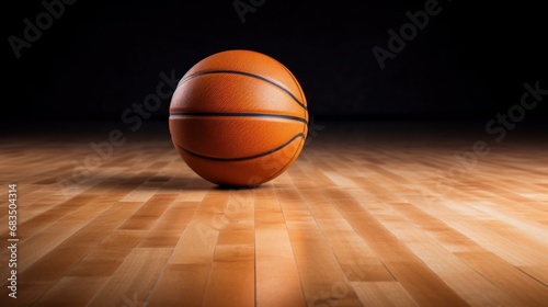  an orange basketball sitting on top of a hard wood floor in a dark room with a spotlight on the floor. © Olga