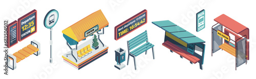 Isometric public transport station. Terminal with seats for trolleybuses and trams, station construction for city transport vehicles. Vector set of transport isometric public station illustration