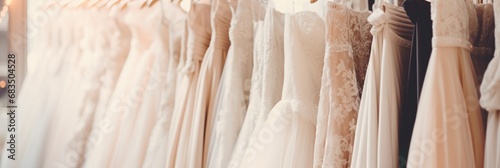 Elegant white wedding dresses hanging on hangers in a luxury bridal shop boutique salon