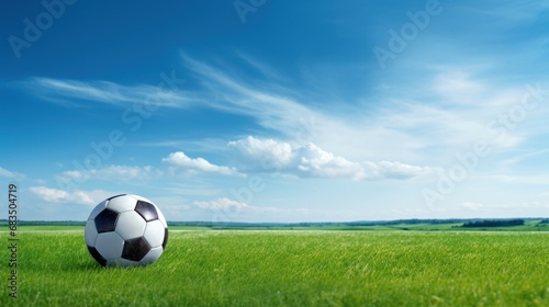  a soccer ball sitting in the middle of a field of green grass with a blue sky and clouds in the background. © Olga
