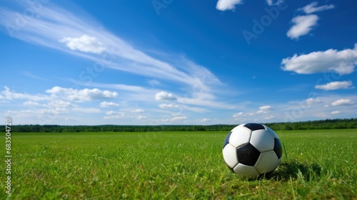  a soccer ball is sitting in the middle of a grassy field with a blue sky and clouds in the background. © Olga