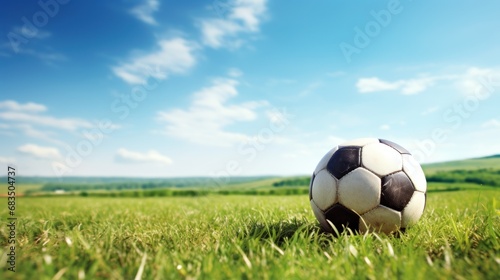  a soccer ball sitting in the middle of a field of grass with a blue sky and clouds in the background. © Olga