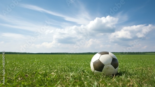  a soccer ball sitting in the middle of a field of grass with a blue sky and clouds in the background.