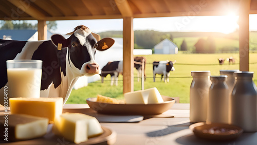 Dairy cows and milk products photo
