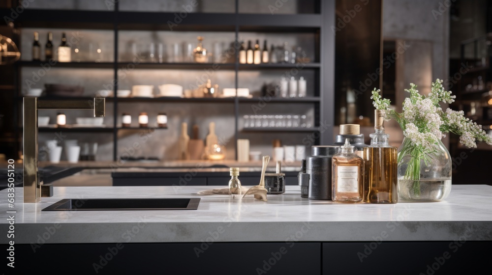an image that emphasizes the pure elegance of an empty Podium, complemented by a perfectly blurred Kitchen background that ensures the podium is the focal point for product display