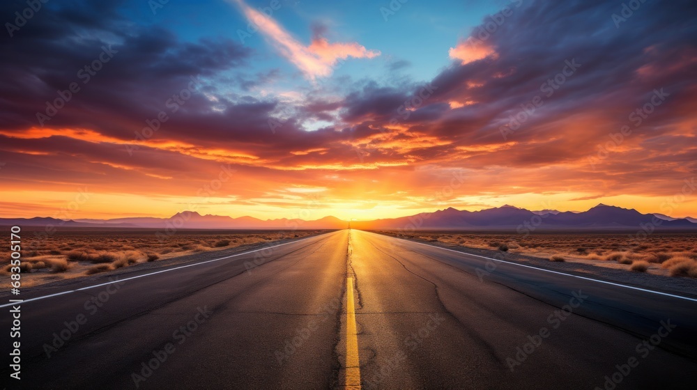  a long stretch of road in the middle of the desert with the sun setting in the distance with mountains in the background.