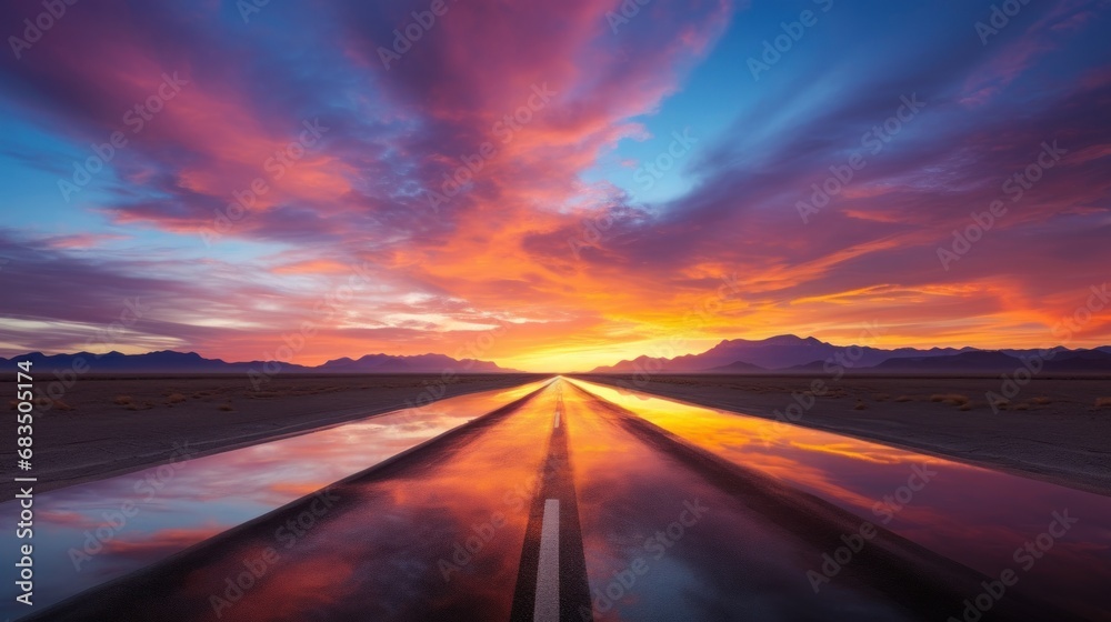  a long stretch of road in the middle of a desert with the sun setting in the distance and clouds reflecting in the water.
