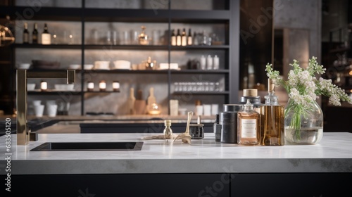 an image that emphasizes the pure elegance of an empty Podium  complemented by a perfectly blurred Kitchen background that ensures the podium is the focal point for product display