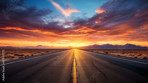  a long stretch of road in the middle of the desert with the sun setting in the distance with mountains in the background. © Olga