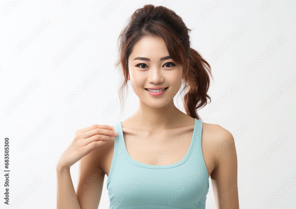 portrait of a expression of a happy sport woman dressed sportwear tanktop, against white background who holds her index finger up to explain or point, portrait of a expression of a happy sport woman dressed sportwear tanktop, against white background who holds her index finger up to explain or point,