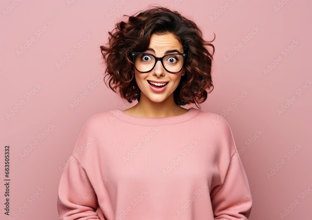 portrait of a expression of a happy surprise brunette woman with brown hair against white background who holds her index finger up to explain or point, portrait of a expression of a happy surprise brunette woman with brown hair against white background who holds her index finger up to explain or point,