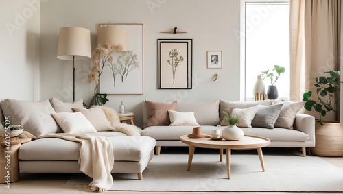A cozy  minimalist living room with Scandinavian influences and a neutral color palette. Generative AI