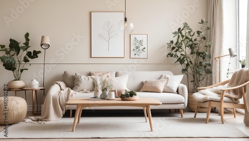 A cozy  minimalist living room with Scandinavian influences and a neutral color palette. Generative AI