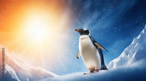  a penguin standing on top of a snow covered hill with a bright sun shining down on the mountain behind it.
