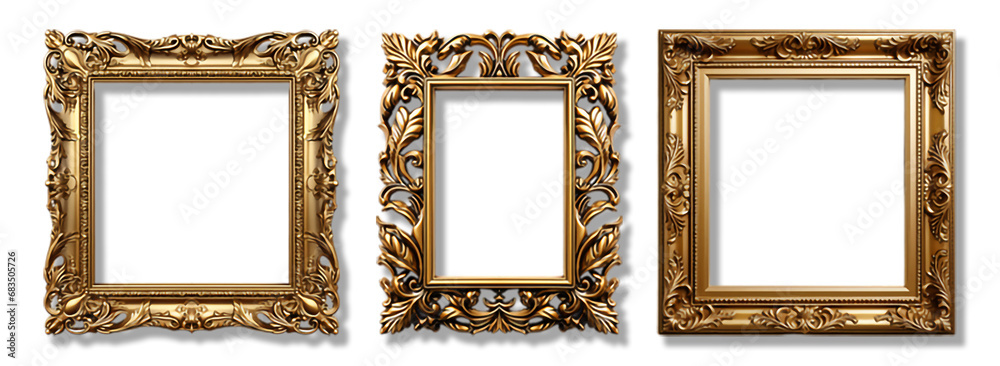 Set of Decorative antique gold frames of square shape with elegant carved decoration, isolated on transparent background, generative ai - obrazy, fototapety, plakaty 