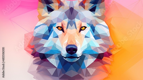  a picture of a wolf's head on a multicolored background with low polygonics and lines. photo