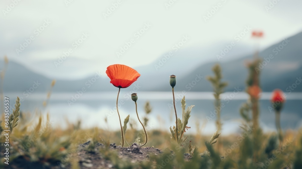 Obraz premium a red flower sitting on top of a lush green field next to a body of water with mountains in the background.