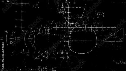 Mathematic and technology  overly black background screen video effect math and chemistry equations in white color randomly animated 4k video effect retro video