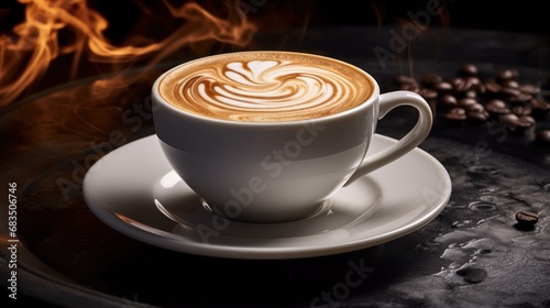  a cup of coffee sitting on top of a saucer on top of a saucer filled with coffee beans.