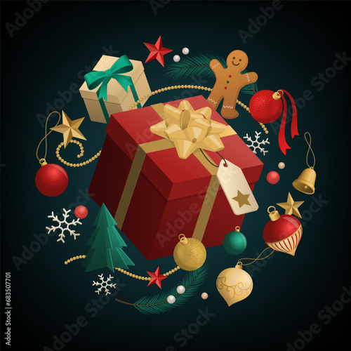 Christmas gift surrounded by ornaments