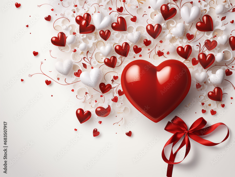 Concepto tarjeta regalo blanca adornada con un súper corazón rojo vivo visto de frente y muchos corazones pequeños blancos y rojos y un lazo rojo, fiesta pop postal, diseño, ilustración, boceto
