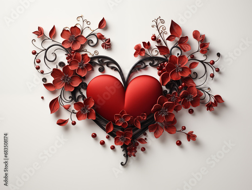 Concepto adorno tarjeta regalo blanca con un súper corazón rojo vivo visto de frente y muchos flores pequeñas rojas a modo de encaje, fiesta lencería, postal, diseño, ilustración, boceto photo