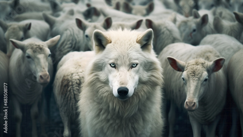 A wolf among a crowd of sheep, looking intensely at the camera