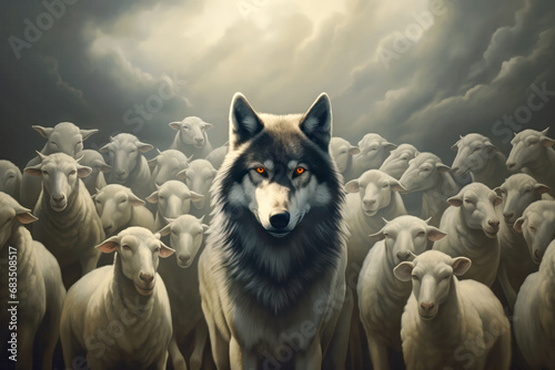 A wolf with fiery eyes stands out against a multitude of sheep, a metaphor of a wolf in sheep's clothing