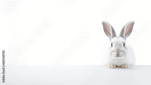  a white rabbit sitting on top of a table next to it's head in front of a white wall.