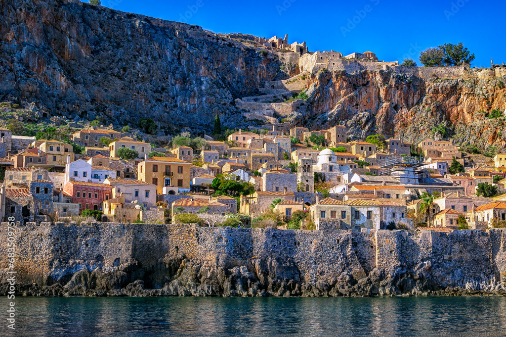 Seaview of the beautiful Monemvasia castletown, in Peloponnese Greece