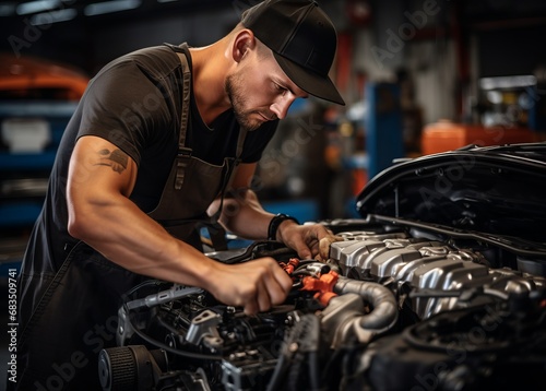 Professional mechanic working on the engine of the car in the garage. Car repair service.