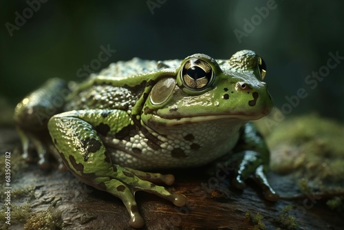 Green toad closeup photo. Wild wet amphibian poisonous verdant frog. Generate ai