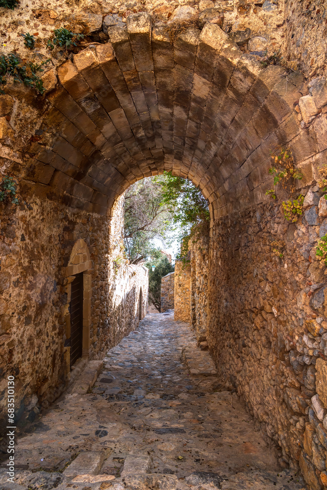 An arch alley in Monemvasia’s castletown, in Peloponnese Greece