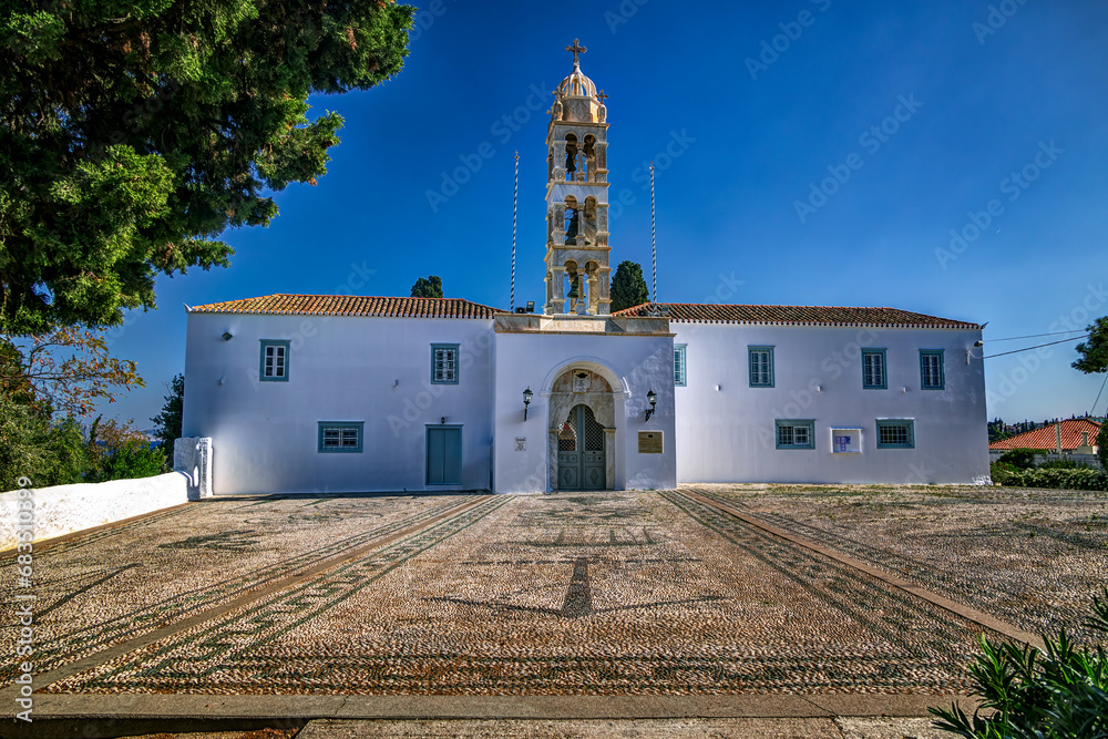 Agios Nikolaos church with great mosaic frontyard in Spetses island, Greece