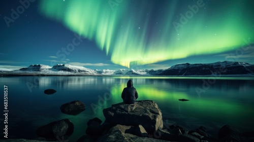 a person sitting on a rock in front of a lake under a green and blue sky with the aurora lights in the background.